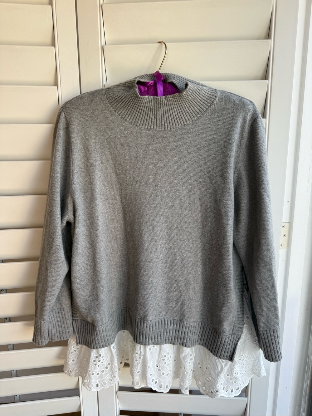 Roller Rabbit Gray Crewneck Sweater with White Eyelet Hem